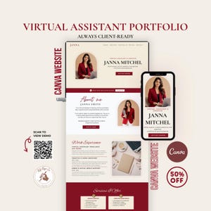Könnte beinhalten: Eine Vorlage für ein virtuelles Assistenten-Portfolio für Canva mit Website-Layout und mobiler Ansicht. Das Design enthält den Text Janna Mitchel, About Me, Work Experience und Services I Offer in einem kastanienbraunen und cremefarbenen Farbschema.