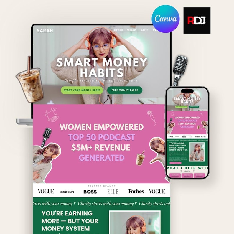 May include: A digital marketing graphic with the text "SMART MONEY HABITS" and "WOMEN EMPOWERED TOP 50 PODCAST $5M+ REVENUE GENERATED." The image includes a laptop, a smartphone, and a microphone. The Canva and RDJ logos are also visible.
