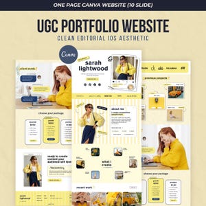 Może przedstawiać: Cyfrowy szablon jednostronicowej witryny internetowej Canva zatytułowany UGC PORTFOLIO WEBSITE. Układ zawiera sekcje z opiniami klientów, pakietami usług, sekcją o mnie oraz ostatnimi pracami, wszystko w kolorystyce żółto-białej.