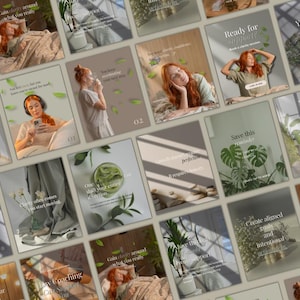 May include: A collection of social media posts with a neutral color palette. Each post features a woman with red hair, text, and botanical elements. The posts offer advice and encouragement, with phrases like "Ready for support?" and "Save this reminder."