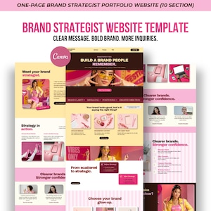Könnte beinhalten: Eine einseitige Website-Vorlage für Markenstrategen in Rosa und Gelb. Das Layout enthält Abschnitte mit den Titeln Build a Brand People Remember, Strategy in Action und Choose Your Brand Glow-up, ergänzt durch verschiedene Texte und Bilder.