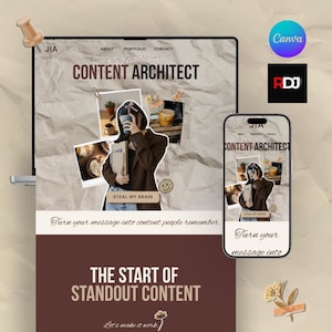 May include: A website design mockup featuring a laptop and smartphone displaying a "Content Architect" theme. The design includes a photo collage, the text "Steal My Brain", and the phrase "Turn your message into content people remember."