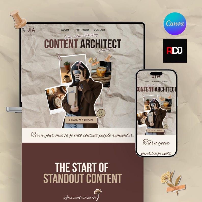 May include: A website design mockup featuring a laptop and smartphone displaying a "Content Architect" theme. The design includes a photo collage, the text "Steal My Brain", and the phrase "Turn your message into content people remember."