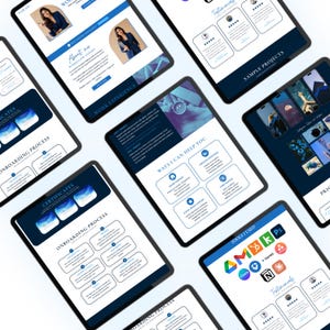May include: Multiple tablets displaying a website design with a blue and white color scheme. The website features sections titled "About Me," "Work Experience," and "Ways I Can Help You." The tablets also show testimonials and sample projects.
