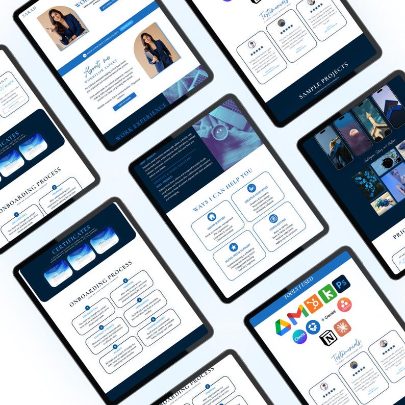 May include: Multiple tablets displaying a website design with a blue and white color scheme. The website features sections titled "About Me," "Work Experience," and "Ways I Can Help You." The tablets also show testimonials and sample projects.