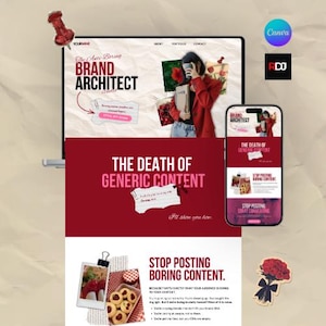 May include: A laptop, tablet, and smartphone display a website design with the text "BRAND ARCHITECT" and "THE DEATH OF GENERIC CONTENT." The design includes images, a red pushpin, and a bouquet of flowers. The Canva and FDJ logos are also visible.
