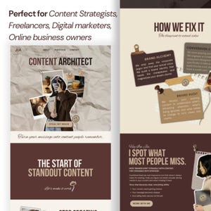 May include: A website design with a brown and beige color scheme. The design includes the text "Content Architect" and "The Start of Standout Content." The image also features the text "How We Fix It" and "I Spot What Most People Miss."