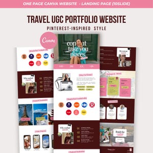 Puede incluir: Una plantilla de sitio web de diez diapositivas en Canva para un portafolio de viajes UGC con un estilo inspirado en Pinterest. El diseño incluye secciones para colaboraciones de marca, presentaciones, paquetes de servicios, tarifas y testimonios con detalles rosas.