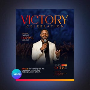 Pode incluir: Um folheto digital para um evento Victory Celebration com uma pessoa de blazer branco e camisa preta segurando um microfone. O texto inclui: VICTORY CELEBRATION, SPEAKER PASTOR DANIEL BROOKS, SUNDAY 10:30 AM OCT 18 2026, FAITH COMMUNITY CHURCH.
