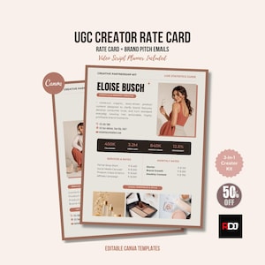 Könnte beinhalten: Eine digitale Preislisten-Vorlage für UGC-Ersteller mit dem Text UGC CREATOR RATE CARD, ELOISE BUSCH und verschiedenen Dienstleistungspreisen. Das Dokument enthält Abschnitte für Statistiken, Kontaktdaten und Portfolio-Bilder in neutralen Farben.