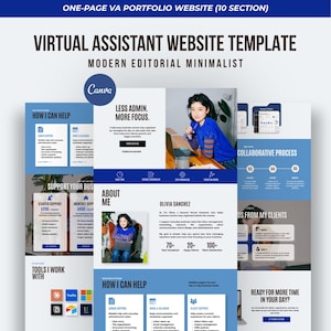 May include: A digital one-page virtual assistant website template featuring a blue and white color scheme. The layout includes sections for services, about me, client testimonials, and tools, with text headers like Virtual Assistant Website Template.