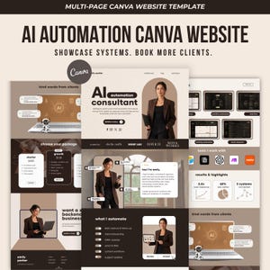 Può includere: Un modello di sito web Canva multipagina per un consulente di automazione IA. Il design presenta una tavolozza di colori neutri con accenti marrone scuro, mostrando sezioni per testimonianze dei clienti, pacchetti e strumenti.