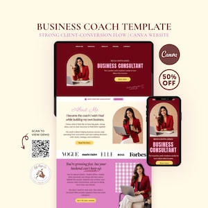 May include: A digital business coach website template for Canva featuring a dark red and light pink color scheme. The layout displays a desktop and mobile view with text including Business Consultant, About Me, and 50% OFF, plus a QR code.
