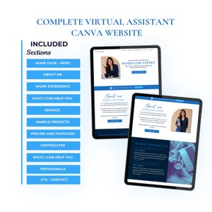May include: Two tablets displaying a website design with the text "COMPLETE VIRTUAL ASSISTANT CANVA WEBSITE." The website includes sections like "Home Page - Hero," "About Me," and "Work Experience." The design features a woman's photo and the words "Workflow Expert."