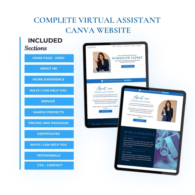 May include: Two tablets displaying a website design with the text "COMPLETE VIRTUAL ASSISTANT CANVA WEBSITE." The website includes sections like "Home Page - Hero," "About Me," and "Work Experience." The design features a woman's photo and the words "Workflow Expert."