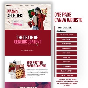 May include: A website design template with a red and white color scheme. The design includes sections for a hero image, statement, services, and contact information. Text includes "Brand Architect Studio" and "Stop Posting Boring Content."