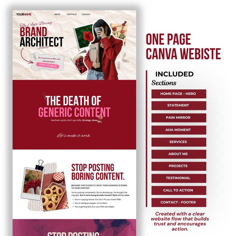 May include: A website design template with a red and white color scheme. The design includes sections for a hero image, statement, services, and contact information. Text includes "Brand Architect Studio" and "Stop Posting Boring Content."
