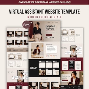 May include: A ten-slide virtual assistant portfolio website template in a modern editorial style. The design features a neutral color palette with dark red accents, showcasing sections for recent work, about me, client testimonials, and service packages.