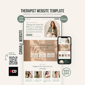 Peut inclure: Un modèle de site web pour thérapeute sur Canva comprenant une mise en page de 4 pages avec une palette de couleurs neutres. Le design inclut des en-têtes de texte, un code QR pour une démo et une maquette de téléphone mobile.