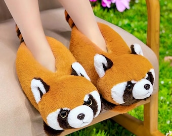 Red Panda Slippers - Plush House Shoes, Winter Warm Slippers, Christmas Gift