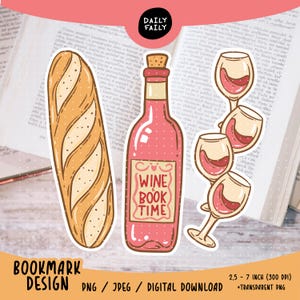 Puede incluir: Una ilustración digital que muestra una baguette dorada, una botella de vino rosa con tapón de corcho y la etiqueta WINE & BOOK TIME, y tres copas de vino tinto, dispuestas sobre un fondo de páginas de libro abiertas.