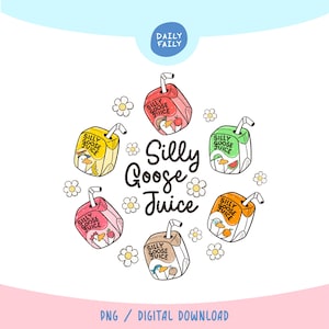 Pode incluir: Uma ilustração digital com seis caixas de sumo coloridas rotuladas como Silly Goose Juice, cada uma decorada com um ganso de desenho animado e fruta. O texto Silly Goose Juice está centrado entre pequenas margaridas brancas.