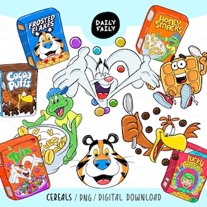 Könnte beinhalten: Eine digitale Illustration mit Zeichentrickfiguren und -boxen von Frühstückszerealien. Gezeigt werden Schachteln mit Frosted Flakes, Cocoa Puffs, Trix, Honey Smacks und Lucky Charms. Der Text "CEREALS / PNG / DIGITAL DOWNLOAD" ist enthalten.