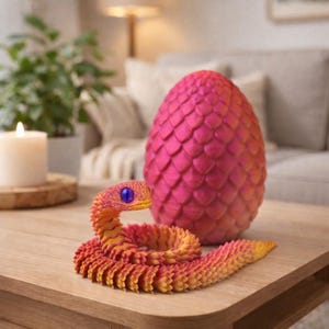 Puede incluir: Un vibrante huevo de dragón escamoso y un juguete de serpiente articulada a juego sobre una mesa de madera. El huevo es una gradación de rosa y rojo. La serpiente es naranja y amarilla con un ojo azul.