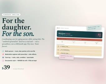 Family Care Coordinator | Aging Parent Medication Appointment Document Vault | Caregiver Web App | Digital Download