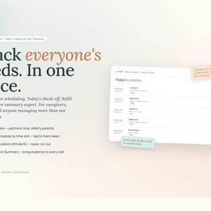 May include: A digital medication tracker with the text "Track everyone's meds. In one place." The interface displays a schedule with medication names and times. Features include multi-person scheduling, refill alerts, and doctor summary export.