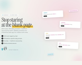 Content Creation Web App | 200 Hooks, 100 Prompts, Repurposing Matrix (Digital Download)