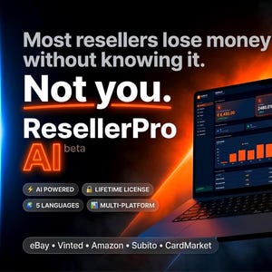 Può includere: Un portatile che mostra una dashboard scura con grafici e metriche in arancione. Il testo recita: Most resellers lose money without knowing it. Not you. ResellerPro AI beta. Le caratteristiche includono AI powered, lifetime license, 5 languages, multi-platform.