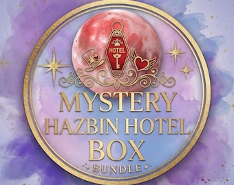 May include: A circular graphic design featuring a pink moon, a red hotel key tag, a top hat, and a winged heart. The text reads MYSTERY HAZBIN HOTEL BOX BUNDLE in gold lettering. The background is a purple and blue watercolor wash with gold sparkles.