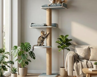 Tall Cat Tree, Cat Shelves for Wall, Wooden Cat Scratching Post, Cat Wall Furniture, Cat Tower for Large Cats, Handmade Sisal Jute Scratcher