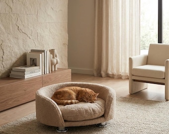 Divano-letto di lusso per gatti – Tessuto di rivestimento, base in legno, imbottitura in schiuma, fibra cava (4–8 kg)