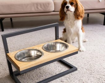 Soporte ajustable y elevado para comederos de perros / Comedero de madera y metal, cuencos de acero inoxidable