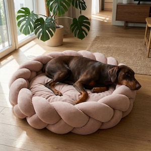 May include: A brown dog rests on a round, pink dog bed. The bed has a braided edge and a soft, cushioned center. The dog is a dark brown color with a lighter brown snout and paws. The bed is in a well-lit room.