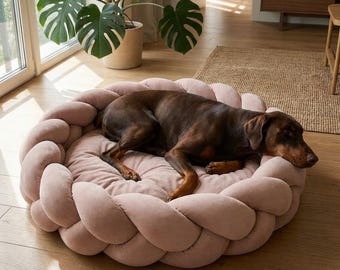 Braided Velour Pet Bed | Round Cat Dog Lounger, Removable Cushion, Handmade Home Decor