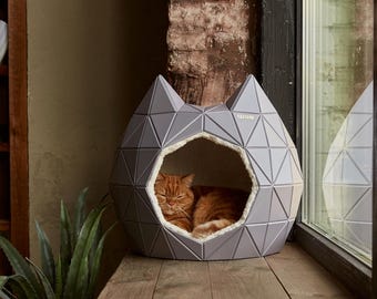 Casa para mascotas geométrica moderna / Cama para gatos y perros de madera natural hecha a mano