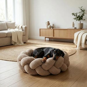May include: A beige braided dog bed with a dog resting inside. The dog is black and brown. The bed is on a wooden floor. The room has a neutral colour scheme and is well lit.