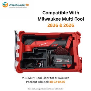 May include: Red M18 multi-tool liner for Milwaukee Packout Toolbox. The liner is designed to fit the Milwaukee Multi-Tool models 2836 & 2626. The image shows the tool and accessories neatly organized within the red toolbox.