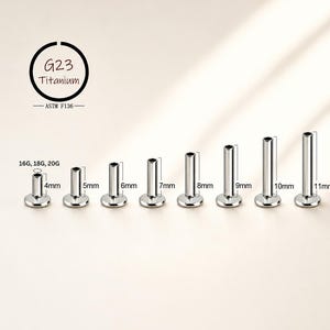 May include: A set of eight silver-coloured G23 titanium flat back labret studs in varying lengths from 4mm to 11mm. The text G23 Titanium ASTM F136 is visible, along with gauge options 16G, 18G, and 20G labelled next to the shortest stud.