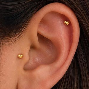May include: Two small, polished gold heart-shaped stud earrings are worn in the ear. One heart stud is positioned in the tragus, while the second heart stud is placed in the upper cartilage area of the ear, both featuring a smooth, metallic finish.