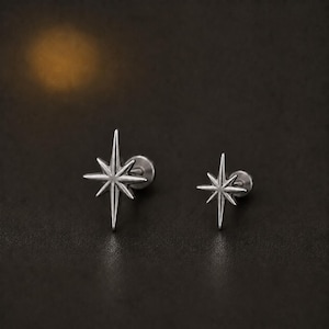 May include: Two silver-toned stud earrings, each featuring a multi-pointed star design with a central point and elongated rays. The earrings have a polished metallic finish and include a flat circular backing post for secure attachment to the ear.