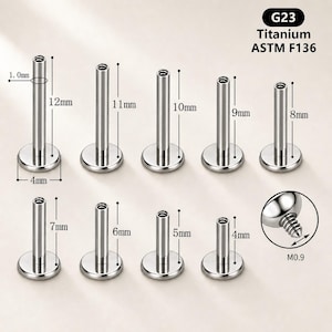 Könnte beinhalten: Eine Sammlung silberner Titan-Körperschmuck-Ohrstecker. Die Ohrstecker variieren in der Länge von 4 mm bis 12 mm, mit einem Basisdurchmesser von 4 mm. Das Bild enthält den Text "G23 Titanium ASTM F136" und Messungen in Millimetern.