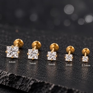 18G/16G Titanium Square CZ  Labret • Flat Back Studs • Helix Earring • Cartilage Earring • Tragus Earring • Tiny Nose Stud