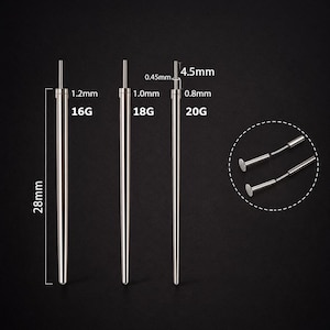 May include: Three silver-toned metal piercing insertion tapers in 16G, 18G, and 20G sizes. Each taper is 28mm long with specific diameter measurements of 1.2mm, 1.0mm, and 0.8mm. A circular inset shows two tapers with flat ends and thin pins.