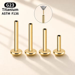 Könnte beinhalten: Vier goldfarbene Labret-Ohrstecker aus Titan mit flachen Basen und zylindrischen Stiften. Das Bild enthält eine Nahaufnahme eines Ohrsteckers mit einem klaren Edelstein. Der Text "G23 Titanium ASTM F136" befindet sich oben links.
