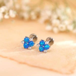May include: A pair of silver-toned stud earrings. Each earring features a flower design with five blue opal stones and small clear crystals. The earrings are set against a soft, peach-colored background.
