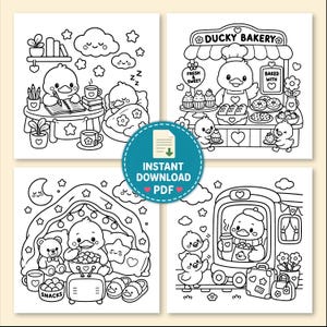 May include: A set of four black and white coloring pages featuring cartoon ducks in various scenes including a bakery, a bedroom, a movie night, and a train station. The pages include text such as DUCKY BAKERY, FRESH & SWEET, BAKED WITH, and SNACKS.